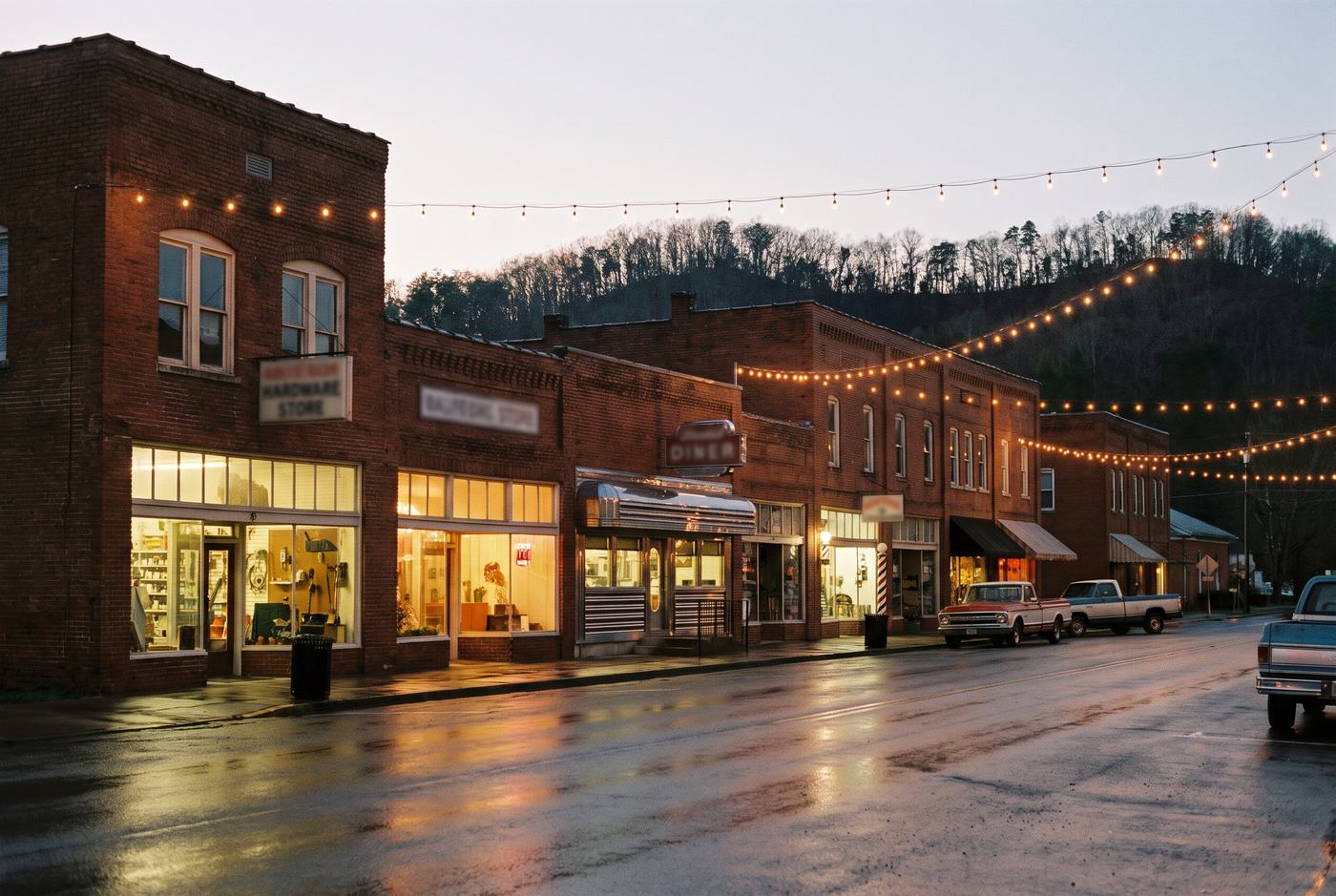 Brick storefronts on a small town main street at dusk, window lights reflecting on wet pavement, a wooded ridge behind the rooftops