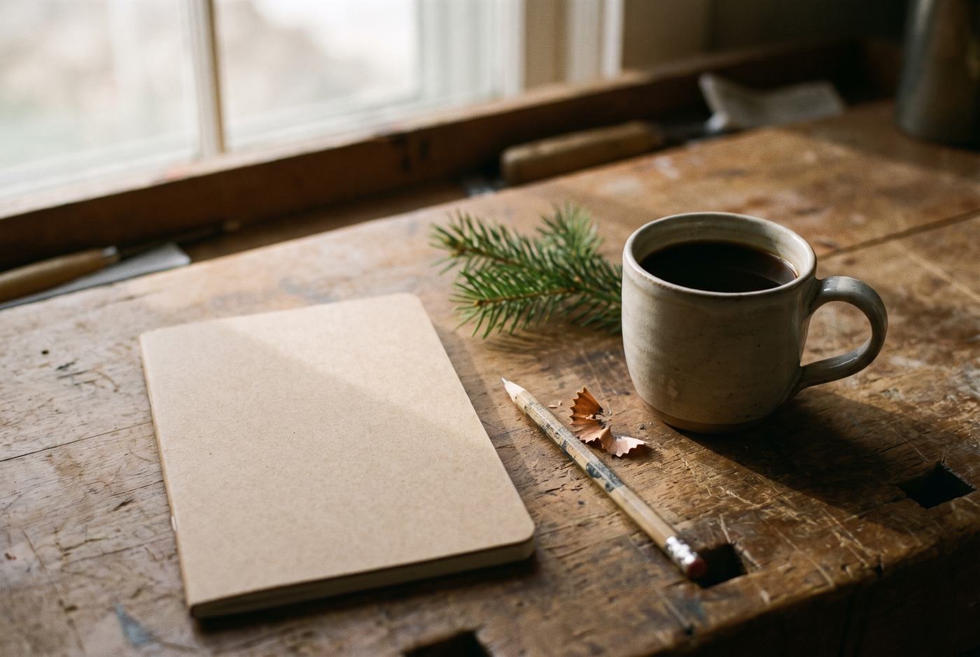 A kraft paper notebook, a pencil, a mug of coffee, and a sprig of pine on a worn workbench in morning light