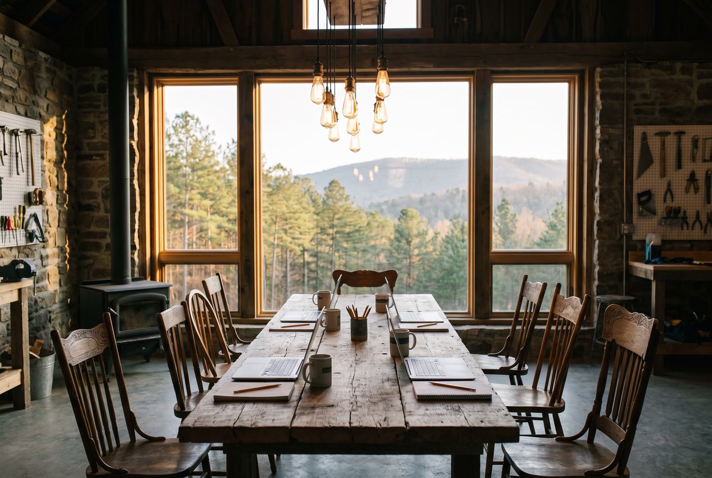 A long reclaimed wood table set with laptops, notebooks, and coffee mugs in a barn workshop, pines and a ridge in the windows